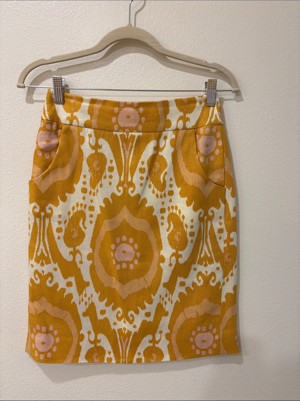 J Crew Printed Yellow/Gold Ikat Pencil Skirt
